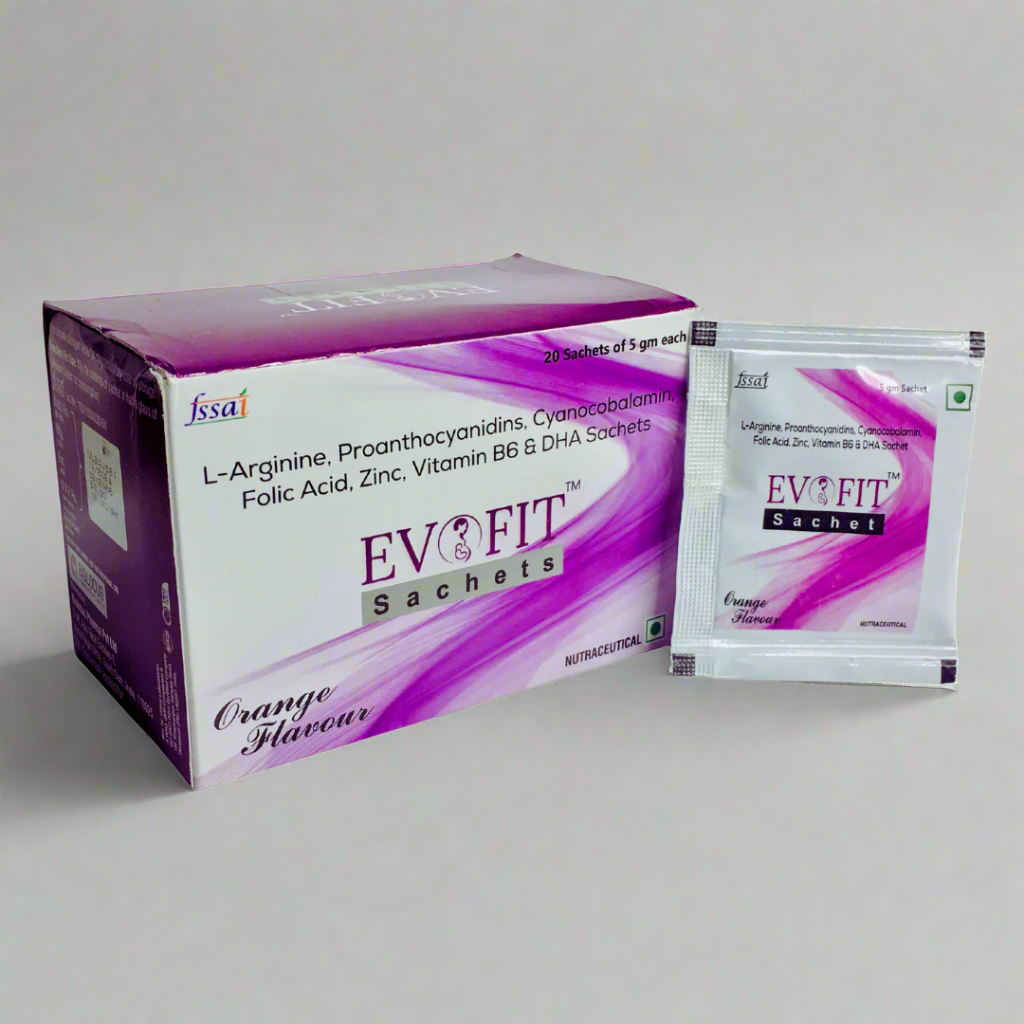Evo Fit Sachets packaging with purple and white design on a white background
