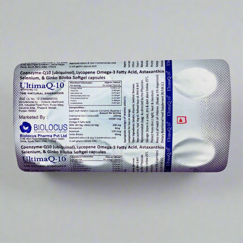 Packaging of UltimaQ-10 capsules with Biologics branding on a white background