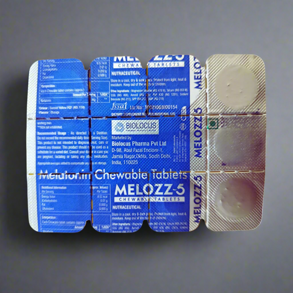 Packaging of Melozz-5 chewable tablets with blue and white design.