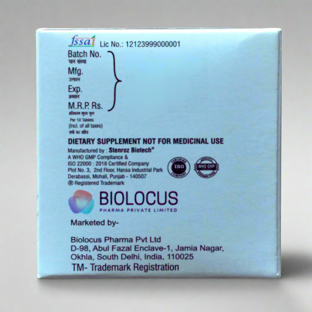 Back of a Biolocus dietary supplement box with branding and contact information.