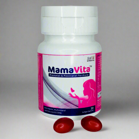 MamaVita prenatal and postnatal formula supplement bottle with two red capsules on a white background
