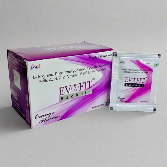 Evo Fit Sachets packaging with purple and white design on a white background