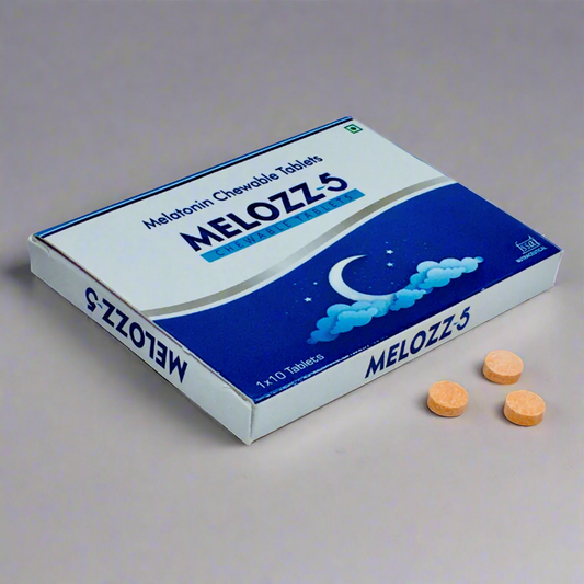 Box of Melozz 5 melatonin chewable tablets with two tablets on a white background
