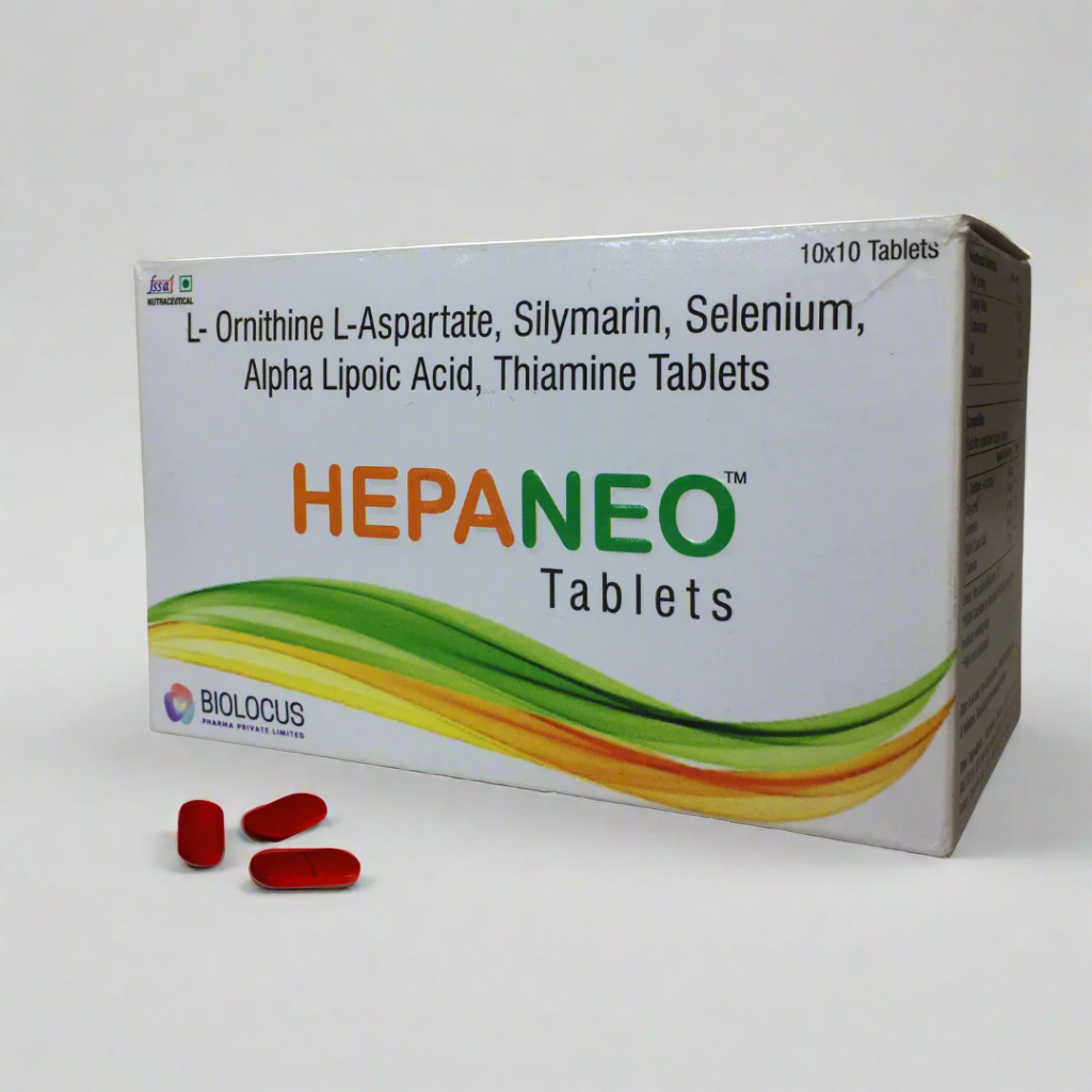 HEPANEOTM tablets packaging with red tablets on a white background